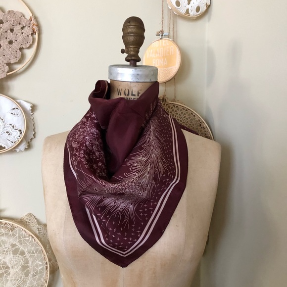 Vintage 1970s Burgundy Feather Print Poly Scarf - Picture 2 of 13